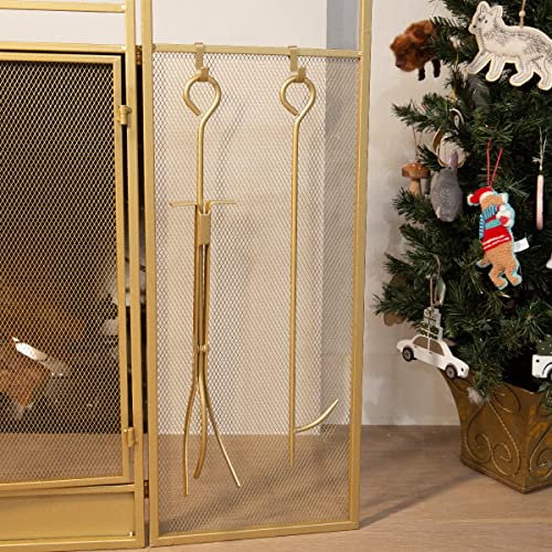 Image of Barton 48 inch Fireplace Screen 3-Panel Folding Magnetic Doors with 4-Pieces Fire Place Tools Set Steel Fire Spark Guard, Gold