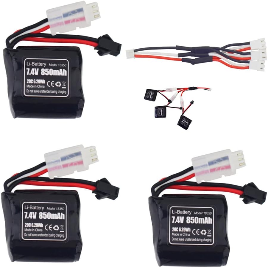 sea jump 3PCS 7.4V 850mAh SM-2P Plug Lithium Battery with 1 Pallet 3 Charging Cable for Syma Q2 Q3 Skytech H100 T1 T02 H102 H106 H108 H120 Remote Control Boat High-Rate Battery Accessories
