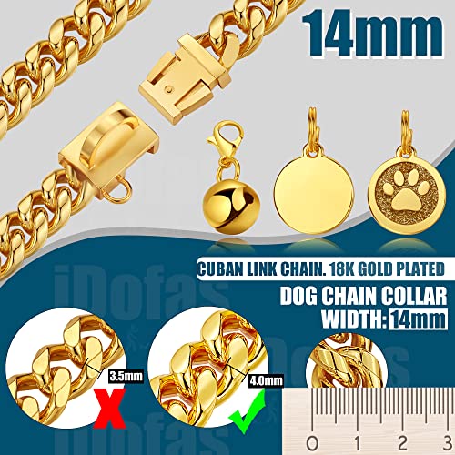 Idofas Chain Dog Collar 14Mm Gold Cuban Link Dog Collar With Snap Buckle 18K Gold Plated Stainless Steel Metal Puppy Collars.(10") #TOP2