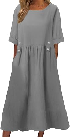 IVERIRMIN Womens Casual Cotton Linen Midi Dress Crew Neck Short Sleeve Summer Loose Linen Dresses with Pockets Grey