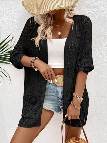 Womens Crochet Cardigan Sweater Lightweight Rib Knit Open Front Sweater Coats Cover Up2