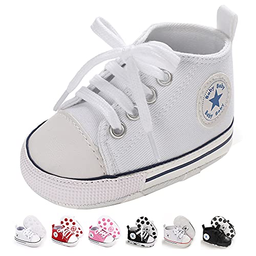 Newborn Baby Girls Boys Canvas Shoes Infant Soft Sole Slip On First Walkers Sneaker Toddler Flat Lazy Loafers High Top Crib Denim Unisex Moccasins Shoe (A/White, 0-6 Months)