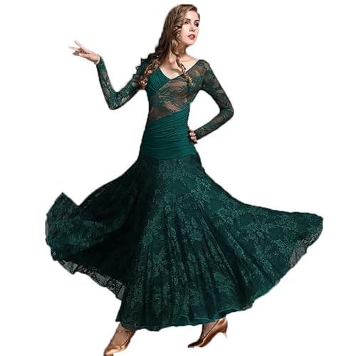 Vestidos De Baile De Salón Actuación De Damas Traje De Danza Moderna De Vals De Manga Larga De Encaje Falda De Ensayo De Flamenco Escote En Pico Vestido Salsa Largo Plisado Swing Grande,Verde,M