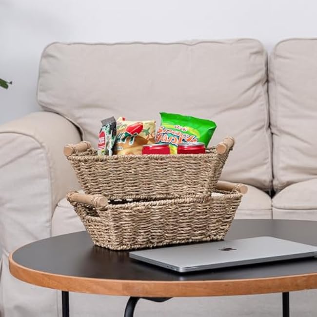 Small Wicker Baskets,small baskets for organizing,wicker storage Basket,small woven basket Seagrass Storage Baskets,Rattan Basket for Shelves Toilet Paper Basket with Handle,4 Pack