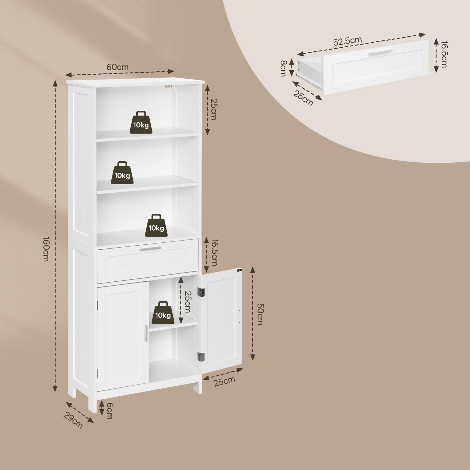 eSituro Badezimmerschrank, Badschrank Hochschrank, Aufbewahrungsschrank mit 2 Türen, 3 offenem Ebenen und 1 Schublade, Mehrzweckschrank für Badezimmer Büro Küchen Wohnzimmer, 60 x 160 x 30 cm, Weiß