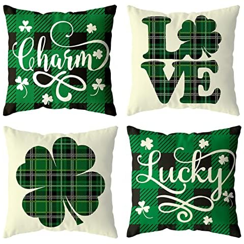 St Patricks Day Decorations Pillow Covers 18x18 Set of 4 for St Patricks Day Decor Indoor, Irish Shamrock Home Decor Throw Pillows Cover Green Buffalo Plaid St. Patrick's Day Decorative Cushion Case Cover