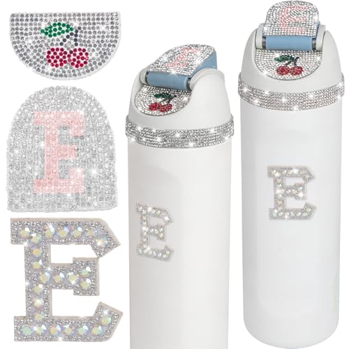 JUNIQUTE 4 PCS Use for Owala Water Bottle 16oz 24oz 32oz 40oz Accessories,Juni QUTE, Bling Rhinestone Letter Charms and Stickers Cherry Designs for Owala (E)