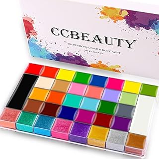 CCbeauty Professional 36 Colors Face Body Paint Oil Based, Large Face Painting Palette Kit (8 Pearl Shimmer + 6 UV Glow + 22 Regular Colors), Safe Non-Toxic Hypoallergenic Neon Pigmented Body Paints for Halloween SFX Special Effects Costume Cosplay Makeup