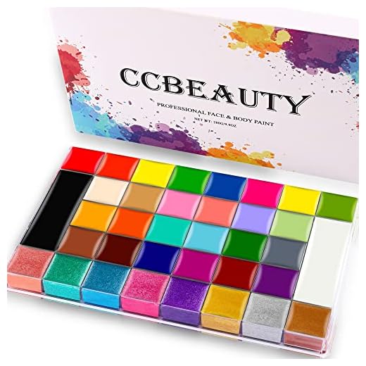 CCbeauty Professional 36 Colors Face Body Paint Oil Based, Large Face Painting Palette Kit (8 Pearl Shimmer + 6 UV Glow + 22 Regular Colors), Safe Non-Toxic Hypoallergenic Neon Pigmented Body Paints for Halloween SFX Special Effects Costume Cosplay Makeup
