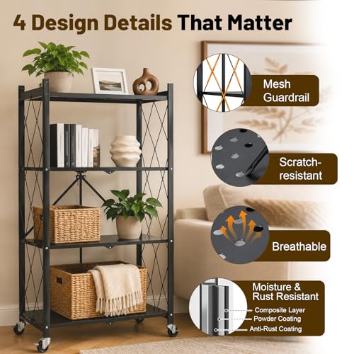 Image of 4 Tier Foldable Metal Storage Shelves on Wheels No Assembly