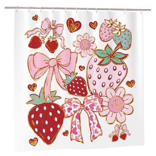 Jakayla Strawberry Bow Shower Curtain – 72x72” Boho Preppy Bathroom Decor with Hearts, Ribbons & Cute Red Berries