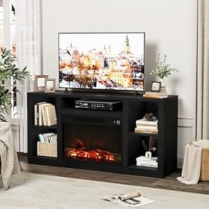 Furniwell Fireplace TV Stand for 65 Inch TV Media Entertainment Center Console Table with 26 Electric Fireplace Farmhouse TV Stand with Storage Cabinet for Living Room Black