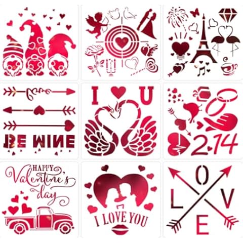 YYSS 9 Pieces Valentine's Day Stencils DIY Valentine Drawing Crafts 7.9 inches x7.9 inches Extra Large Reusable Plastic Template Stencils for Painting on Wood Paper Fabric Glass Wall Art (Valentine) Cover