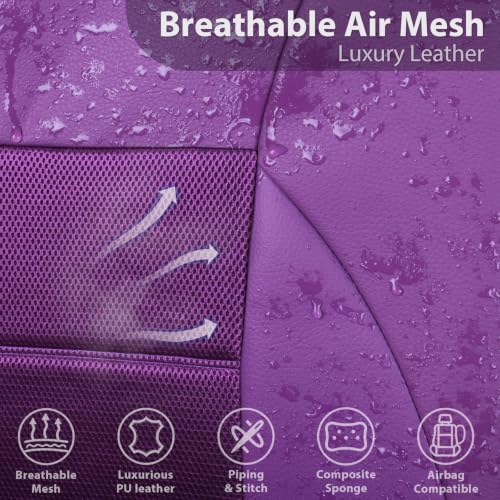 Image of CAR PASS Leather Seat Covers Breathable Air Mesh Car Seat Cover Full Set Super 5mm Sponge Inside, Airbag Compatible, Universal Automotive Interior Cover Fit for Car SUV Truck Van (Solid Purple)