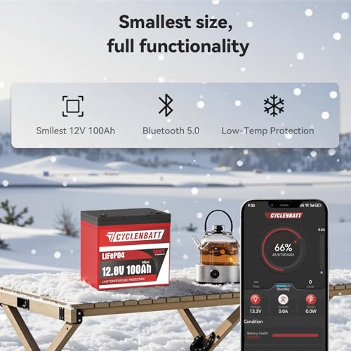 Image of CYCLENBATT 12V 100Ah Mini Bluetooth LiFePO4 Battery, Low-Temp Protection