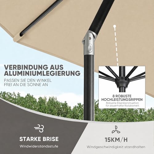 Sekey Sonnenschirm 300 cm mit Kurbel, Gartenschirm wasserabweisend, Balkonschirm UV-Schutz bis UPF 50+, Terrassenschirm neigbar & 8 Streben für Garten, Balkon & Terrasse, Taupe