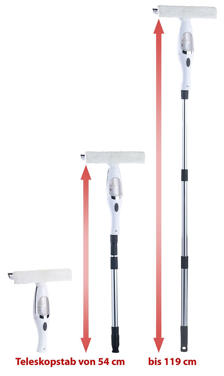 Sichler Haushaltsgeräte Fenstersauger Teleskop: Akku-Fenstersauger-Set mit Teleskopstab (bis 119 cm) & Zubehör (mit Teleskopstange, Fensterreinigung, Spray)