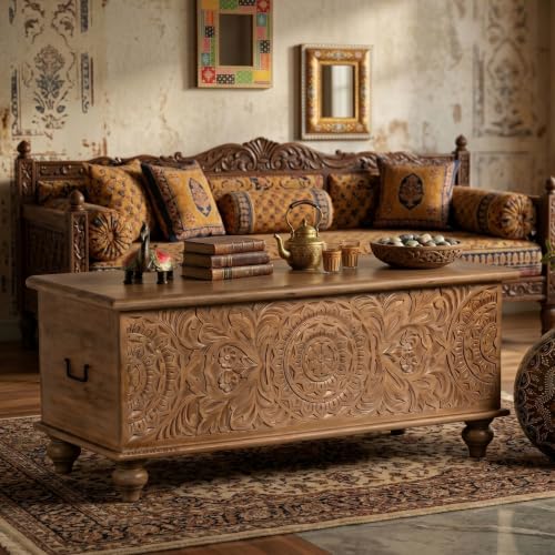 Image of Natura Solid Wood Coffee Table for Living Room Wooden Trunk Box for Storage | Handcrafted Center Table for Living Room with Sandook Storage | Pitara for Home and Bedroom (Natural Brown)