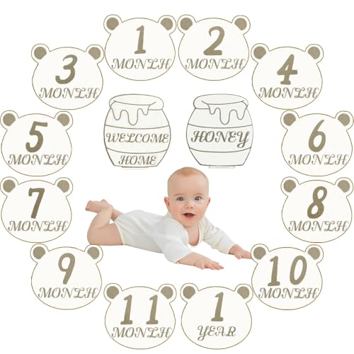 Image of Bear Baby Month Milestone Circles, Wooden Discs Stuff for Baby Photo Takens with Hello World Name Signs - 7Pcs Double Sided Signs for Documenting Growth