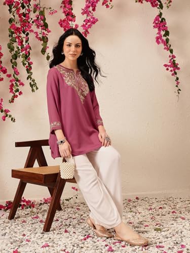 Image of QAZMI Women's Naila Kashmiri Aari Embroidered Viscose Rayon Full Sleeves A-Line Short Kurti