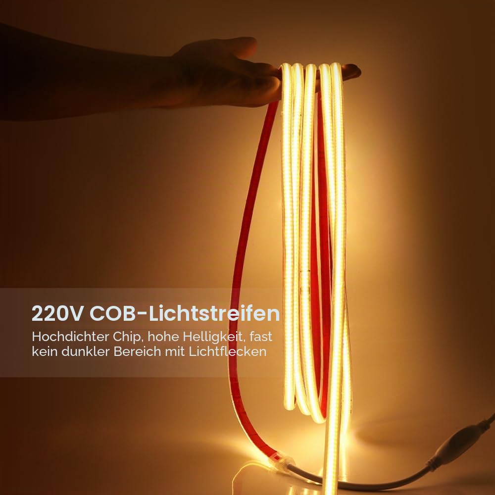 25m COB LED Band Selbstklebend, 220V 288LEDs/M FCOB LED Streifen, Superhell Warmweiß Flexibler COB LED Lichtband für Weihnachten, Halloween, Urlaub, Innendekoration und Beleuchtung