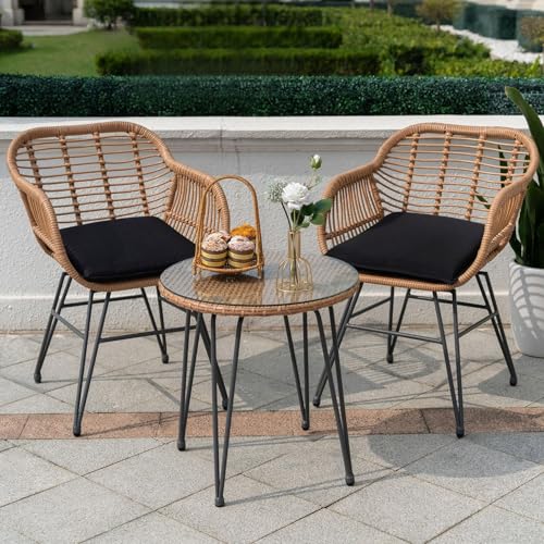 Tappio 3 Piece Outdoor Wicker Furniture Patio Bistro Set, Balcony Furniture Rattan Conversation Sets, Outdoor Patio Chairs Set for Porch Poolside Garden, Black