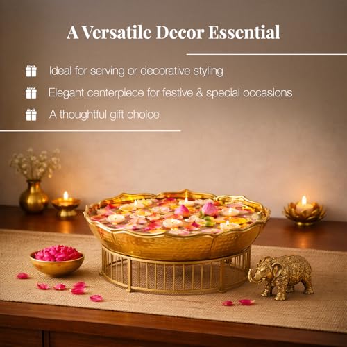 Image of Hammered Golden Lotus Urli Bowl with Royal Elephant Art | Decorative Metal Pooja Urli for Floating Flowers, Festive Decor & Centerpieces | Scalloped Edge Lotus Design