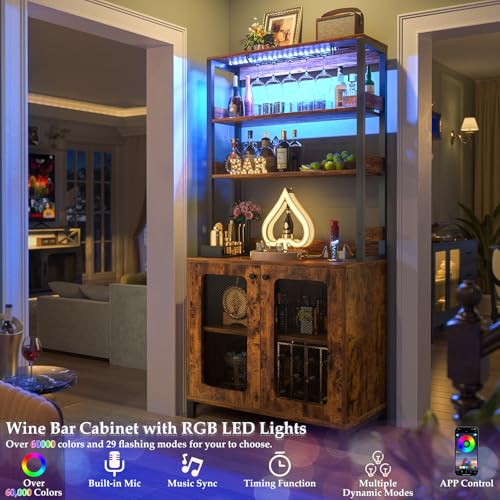 Aheaplus Bar Cabinet with Power Outlets, 67" Tall Wine Bar Liquor Cabinet with LED Lights & Glass Holder, Coffee Bars Station for Living Room, Microwave Stand Bakers Rack Cabinets, Rustic Brown - Image 4