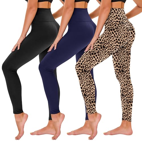 TNNZEET 3 Pack Leggings for Women - Black Tummy Control High Waisted Soft Yoga Pants for Workout Gym Running with Pockets Small-Medium Black/ Navy Blue/ Leopard