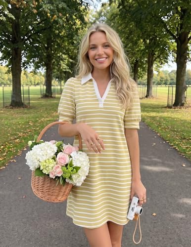 Image of ZESICA Womens Summer Striped T Shirt Mini Dresses 2026 Casual Lapel V Neck Short Sleeve Flowy A Line Beach Vacation Dress
