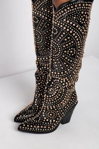 Women's Texas Studded Western Boot - Chunky Heel Cowgirl Knee-High Boot - Black, 74