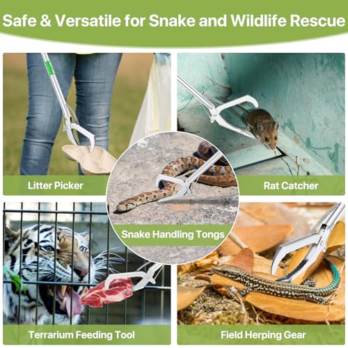 Image of 50 inch Folding Snake Grabber Tongs, Stainless Steel Snake Catcher Tool | Wide Jaws & Non-Slip Handle - Humane Reptile Handling Stick for Outdoor, Yard, Farm & Camping Use