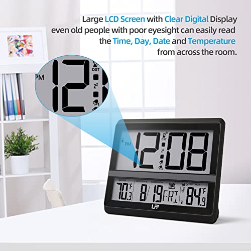 Atomic Clock Large Display, Digital Wall Clock With Indoor Outdoor Temperature And Date, Wireless Outdoor Sensor, Digital Desk Alarm Clock Battery Operated For Bedroom, Easy To Read, Black #TOP3