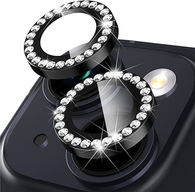 Image of Camera Lens Protector For iPhone 13 & For iPhone 13 Mini, High Clear Tempered Glass Screen Cover Aluminum Alloy Ring Case (Black Diamond)