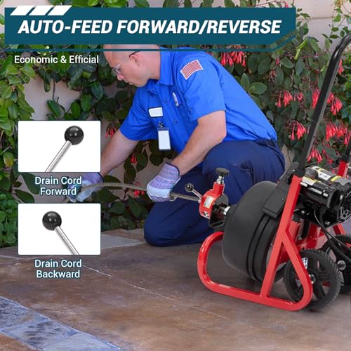 Drain Cleaner Machine 100 Ft x 3/8 Inch, Sewer Snake Machine, Auto Feed Electric Drain Auger with 6 Cutter, Commercial Drain Cleaning Machine for 2 to 4 Inch Pipes