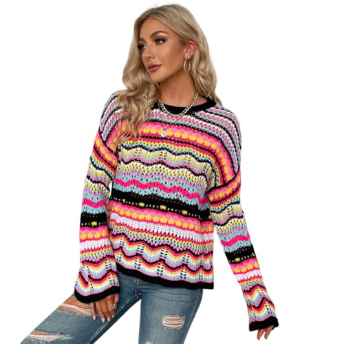 Image of Womens Colorful Striped Crochet Sweater Y2k Fall Pullover Long Flared Sleeve Crew Neck, Drop Shoulders Top Hollow Out