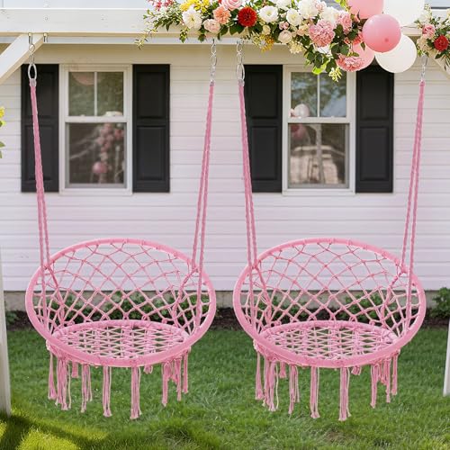 Image of Garpans Hammock Chair Swing Set of 2 Bohemian Style Macrame Hammock with Tassels Hanging Swing Chair Handmade Knitted Cotton Rope for Indoor Outdoor Bedroom Patio Max 330 LBS Pink