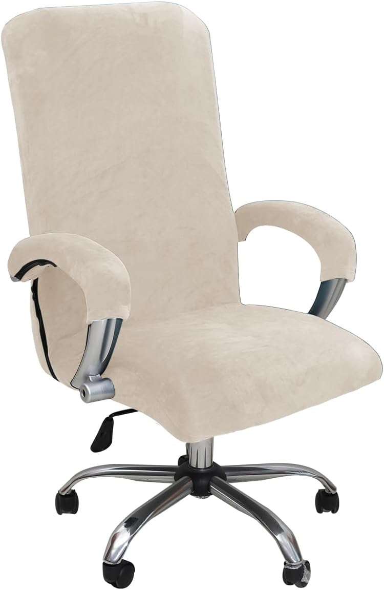 Velvet Office Chair Cover with Armchair Covers - Stretch Desk & Swivel Gaming Chair Covers (Large, Beige)