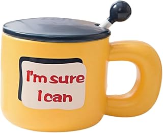 HUMOCHUSON Aislante Bebidas Taza De Café Con Leche De Cerámica De 380 Ml Con Tapa Y Varilla Para Remover - Amarillo Brillante Estoy Seguro De Que Puedo