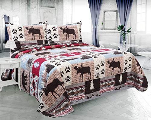 Marina Decoration Rich Printed Embossed Pinsonic Coverlet Bedspread Ultra Soft 3 Piece Summer Quilt Set With 2 Quilted Shams, Cabin Moose Bear Pattern King Size #TOP14