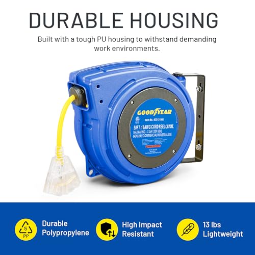 Image of Goodyear Extension Cord Reel Retractable 16AWG x 50' Foot 3C /SJTOW Commercial Cable LED Triple Tap Connector Power 10A 125VAC 938W
