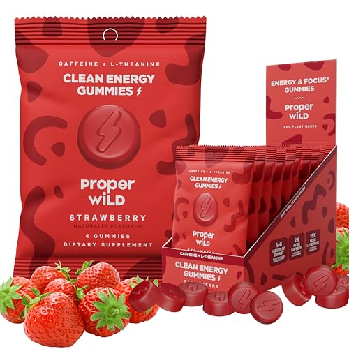 Proper Wild Vegan Energy Gummies with L-Theanine & Organic Caffeine, Clean Energy & Focus, Plant-Based, Gluten-Free, Non-GMO, Dairy-Free, Stevia-Free, Soy-Free, Strawberry (10-Pack)