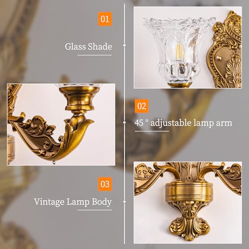 Image of Wellmet 2-Lights Gold Wall Sconce, Retro Wall Light, Bathroom Vanity Wall Lamp, Wall Light Fixtures for Living Room, Bedroom, Hallway, Bathroom, Stairway, W-18in (Bulb not Include)