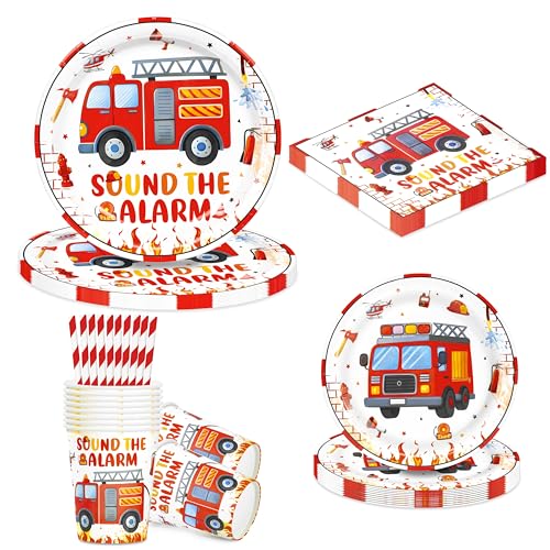 Image of BuyCard Fire Engine Party Supplies Set for 10 Guests | Themed Tableware Kit with 20 Plates, 10 Cups, 10 Paper Straws，20 Napkins | Birthday Decor for Fireman Themed Party