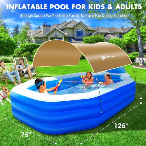 StarOcean Inflatable Pool with Canopy,Large Inflatable Swimming Pool for Kids,Adult,Blowup Pool with Seats,Backrest.Durable Thickened 125"x75"x25"Inflatable Family Pools for Backyard-Khaki