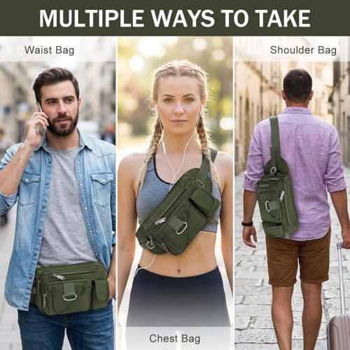 Image of GUSTAVE Tactical Waist Bag with Multi Pocket Storage, Water Resistant Oxford Fanny Pack with Adjustable Belt & D Ring for Hiking, Fishing, Cycling, Work, and Outdoor EDC Army Green