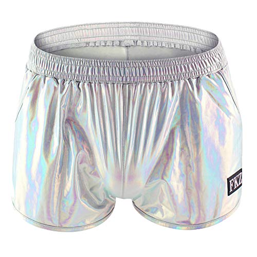 Abafip Men's Soft Stretchy Holographic Shiny Metallic Swim Boxer Briefs Trunks Shorts Hot Pants Bikini Swimsuit Stage Clubwear Silver Medium #TOP4