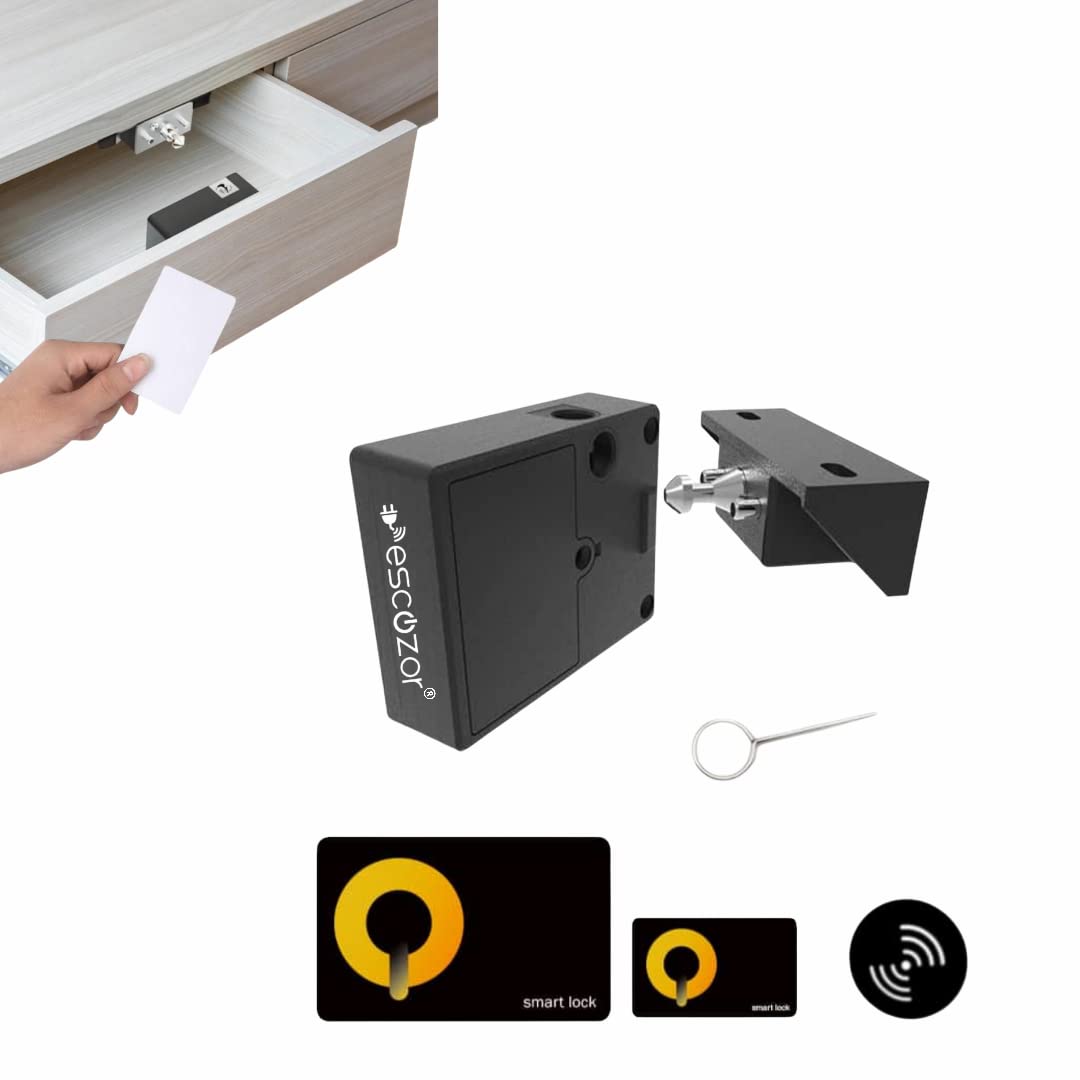 EscozorĀ® Metal Invisible or Hidden NFC Smart Digital Lock Specially Designed For Wardrobe, Cabinet or Drawer Master & User Cards With Lock (Black, Polished)