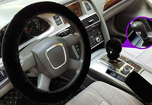 acdiac 3pcs Winter Warm Fuzzy Steering Wheel Cover & Handbrake Cover & Gear Shift Cover Set Faux Wool Uinversal Non-Slip Plush Car Interior Accessories-14.96"(38cm) (Black for Automatic)