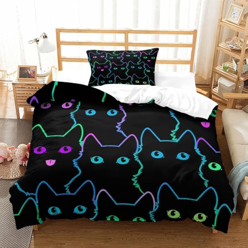 Housse de couette chat néon 3D 135x200 parure de lit 3 pièces microfibre